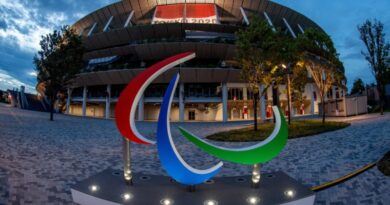 Paralympic Logo representation outside of Tokyo 2020 Olympic Stadium