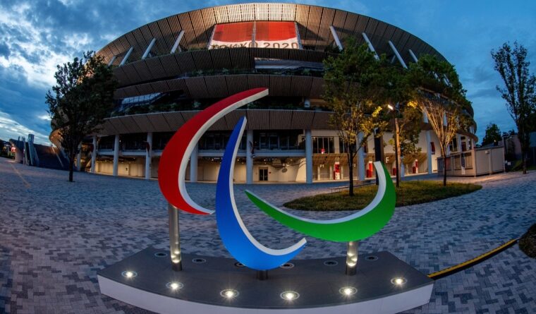 Paralympic Logo representation outside of Tokyo 2020 Olympic Stadium